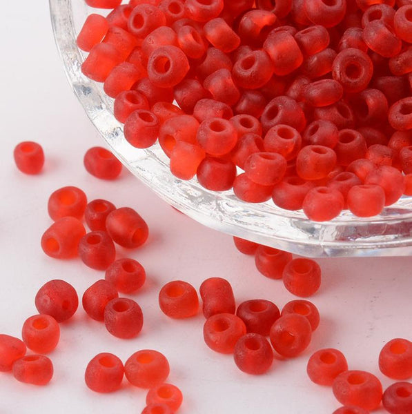 75g RED FROSTED GLASS SEED BEADS 11/0 2mm 8/0 3mm 6/0 4mm
