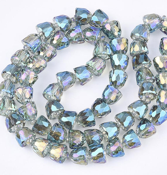8 FACETED GLASS BELL BEADS 11mm x 9mm AB RAINBOW BLUE DROP PENDANT CHARM GLS117