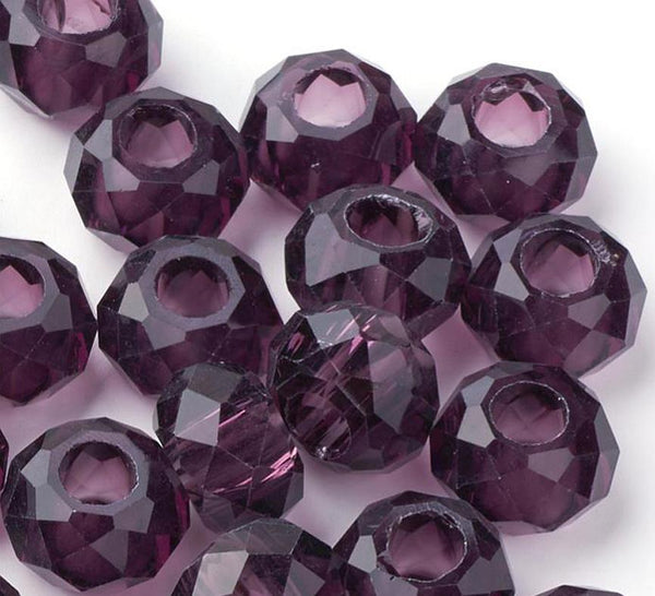 10 FACETED 14mm PURPLE RONDELLE GLASS BEADS LARGE HOLE 5mm TOP QUALITY GLS65