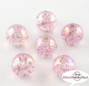 40 GLITTER AB LUSTRE PINK ACRYLIC ROUND BEADS 10mm HOLE 2mm jewellery ACR100