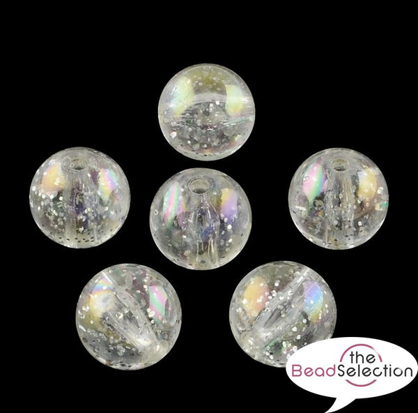 40 GLITTER AB LUSTRE CLEAR ACRYLIC ROUND BEADS 10mm HOLE 2mm TOP QUALITY ACR95