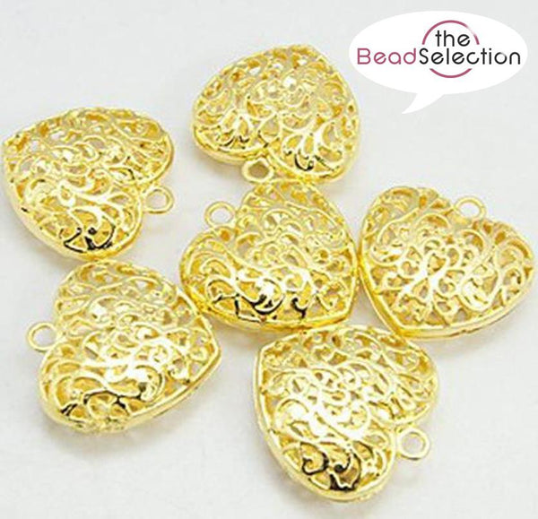 LARGE PUFFED FILIGREE HEART PENDANTS 35mm ANTIQUE GOLD PLATED TOP QUALITY C82