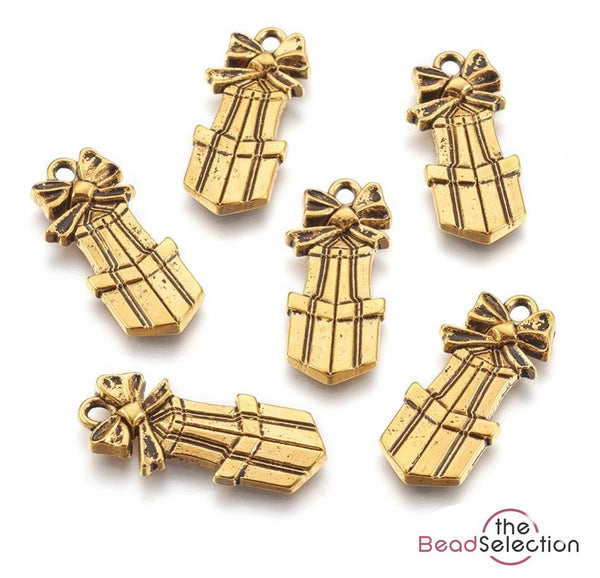 10 XMAS PRESENT CHARMS ANTIQUE GOLD 30mm TOP QUALITY C259