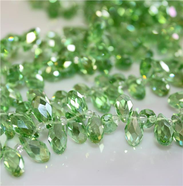 20 FACETED TEARDROP CRYSTAL GLASS PENDANTS 13mm x 6mm TOP DRILLED GREEN AB GLS72