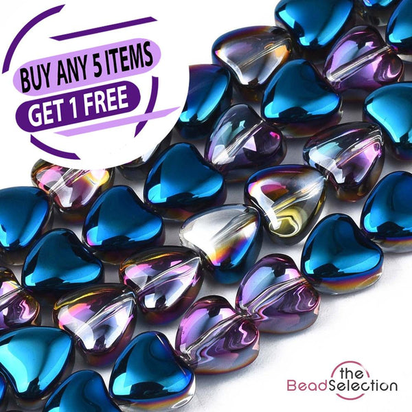 20 PENDANT HEART GLASS BEADS 8mm BLUE RAINBOW AB LUSTRE jewellery GLS133