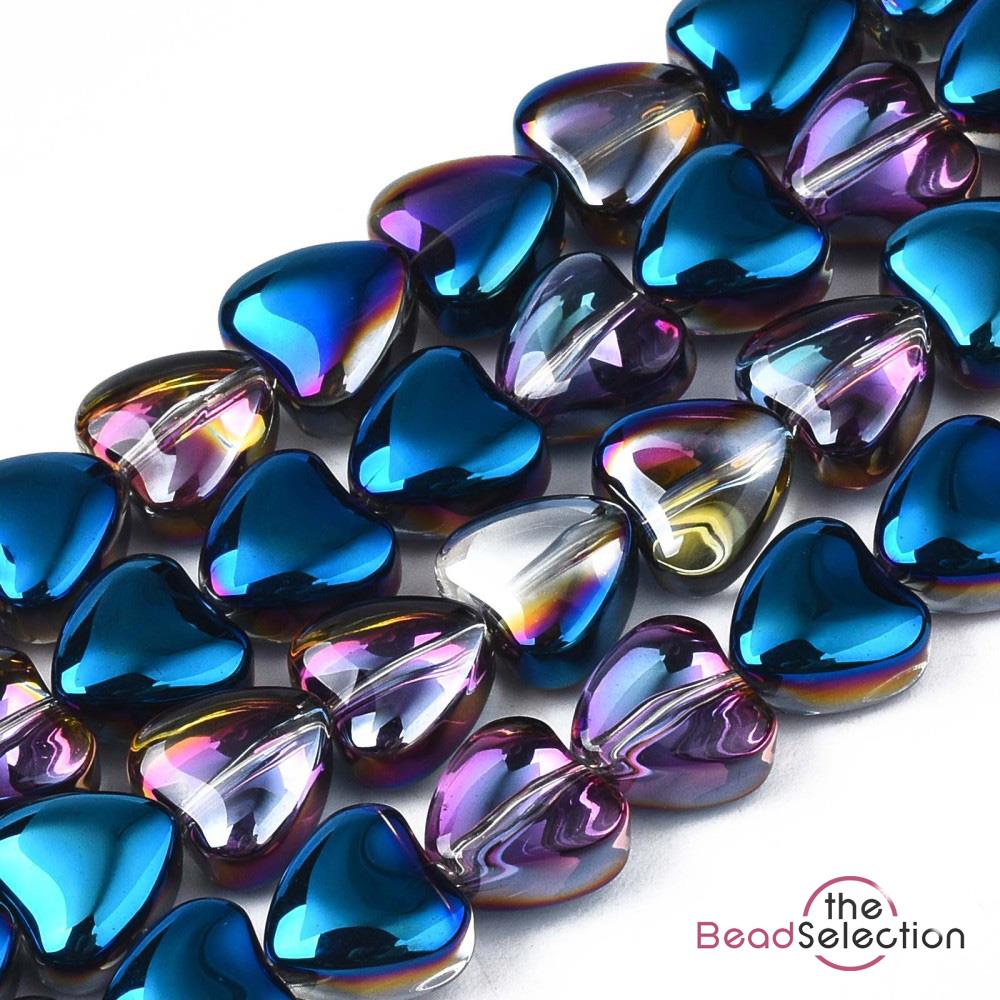 20 PENDANT HEART GLASS BEADS 8mm BLUE RAINBOW AB LUSTRE jewellery GLS133