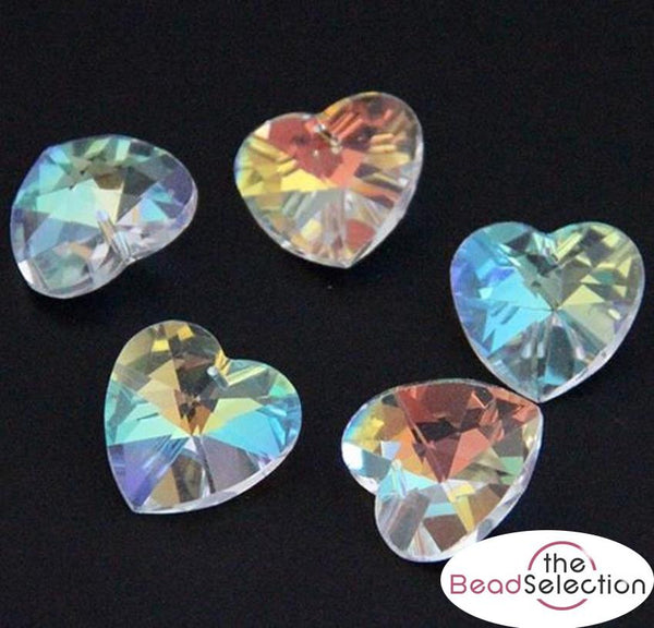 10 PENDANT HEART FACETED CUT GLASS CRYSTAL BEADS 14mm CLEAR AB LUSTRE  GLS17
