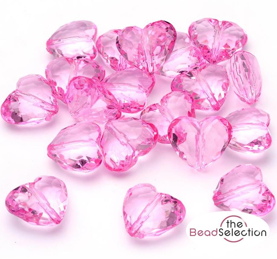 10 LARGE HOT PINK ACRYLIC FACETED HEART BEADS 28mm TOP QUALITY ACR88