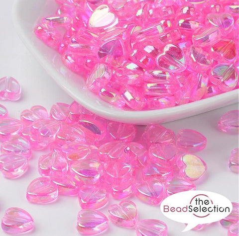 100 x 8mm  PINK ACRYLIC AB RAINBOW PEARL LUSTRE HEART BEADS ACR83