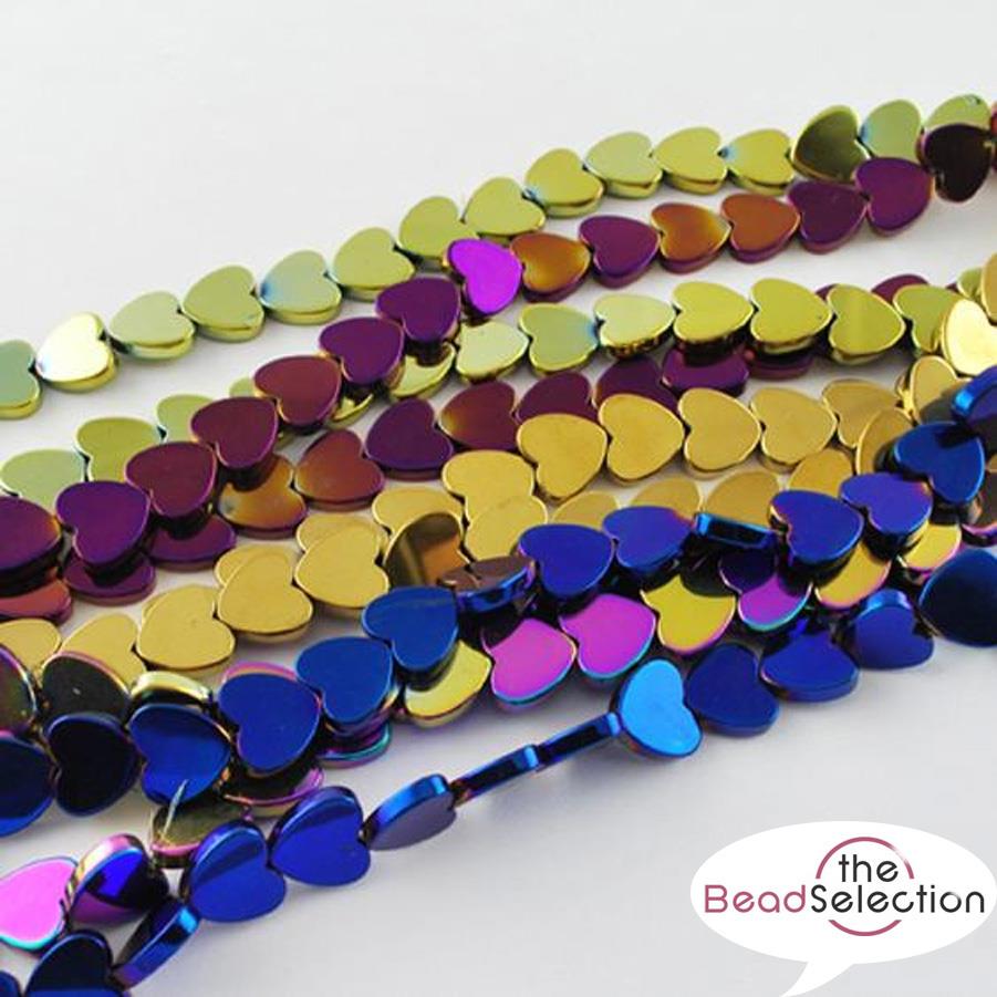 65 PREMIUM QUALITY RAINBOW FLAT HEART HEMATITE BEADS 6mm ASSORTED COLOURS HEM7