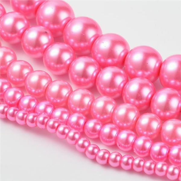 200 TOP QUALITY HOT PINK MIXED SIZE ROUND GLASS PEARL BEADS 4mm 6mm 8mm 10mm 12m