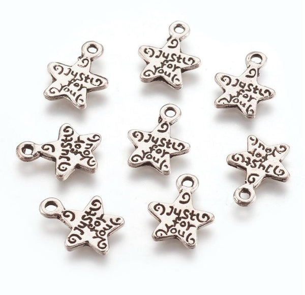 25 'JUST FOR YOU' STAR CHARMS PENDANTS TIBETAN SILVER 14mm 3D TOP QUALITY C38