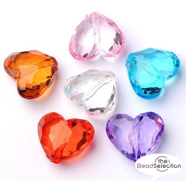 10 LARGE ACRYLIC FACETED HEART BEADS 28mm MIXED COLOURS JEWELLERY MAKING ACR15