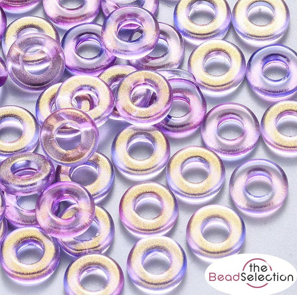 20 GLASS ROUND DONUT GLITTER BEADS 10mm LARGE HOLE 4mm TWO TONE LILAC GLS75