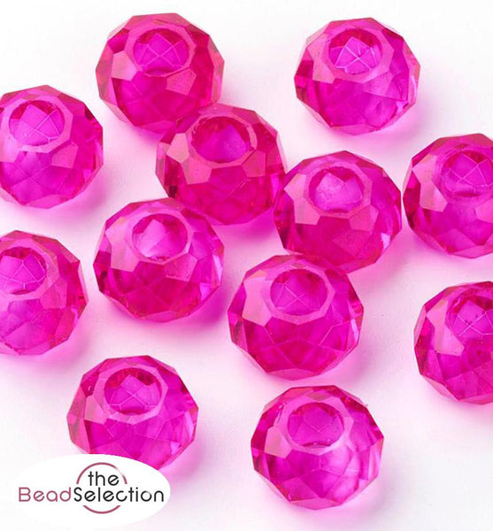 10 FACETED 14mm FUSCHIA PINK RONDELLE GLASS BEADS LARGE HOLE 5mm GLS16