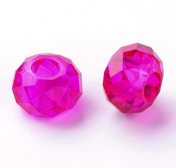 10 FACETED 14mm FUSCHIA PINK RONDELLE GLASS BEADS LARGE HOLE 5mm GLS16