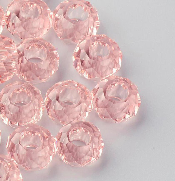 10 FACETED 14mm PINK RONDELLE GLASS BEADS LARGE HOLE 5mm Jewellery making GLS9