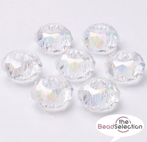 10 FACETED 14mm CLEAR AB LUSTRE RONDELLE GLASS BEADS LARGE HOLE 5mm GLS77