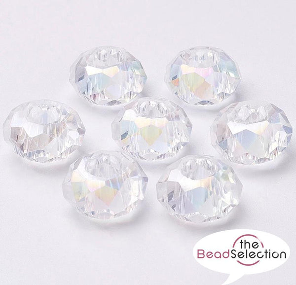 10 FACETED 14mm CLEAR AB LUSTRE RONDELLE GLASS BEADS LARGE HOLE 5mm GLS77