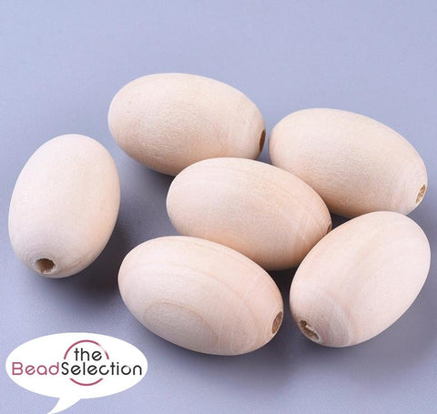 15 LARGE OVAL WOODEN BEADS 30mm x 19mm WHITE / NATURAL 5mm HOLE W2