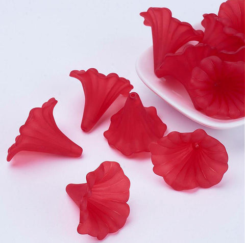 10 LARGE FROSTED LUCITE ACRYLIC LILY TRUMPET FLOWER BEADS 41mm RED LUC44