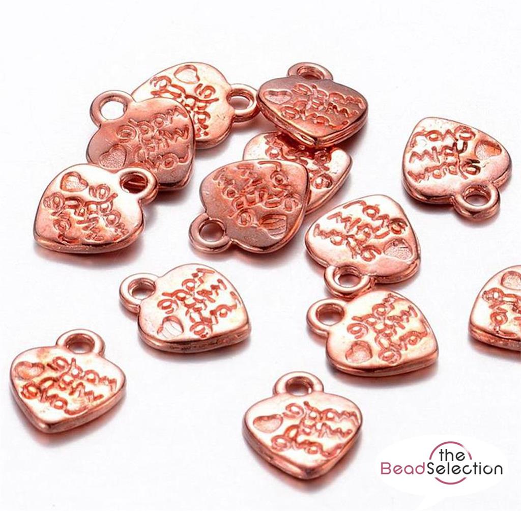 20 ROSE GOLD 'MADE WITH LOVE' HEART CHARMS PENDANTS JEWELLERY MAKING 12mm C163