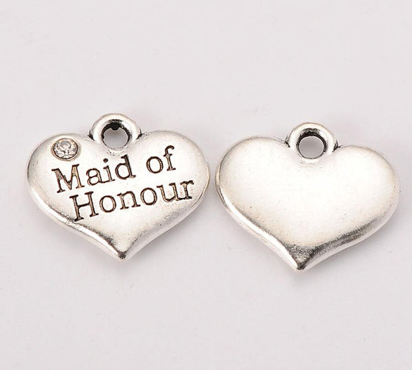 5 TIBETAN SILVER RHINESTONE MAID OF HONOUR HEART CHARMS PENDANTS 16mm C256