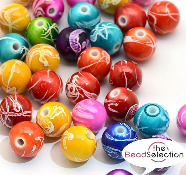 30 Acrylic DRAWBENCH MARBLED ROUND BEADS 10mm ASSORTED  COLOURS ACR42
