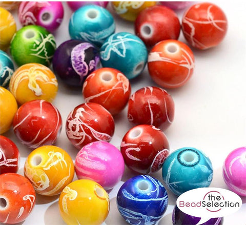 30 Acrylic DRAWBENCH MARBLED ROUND BEADS 10mm ASSORTED  COLOURS ACR42