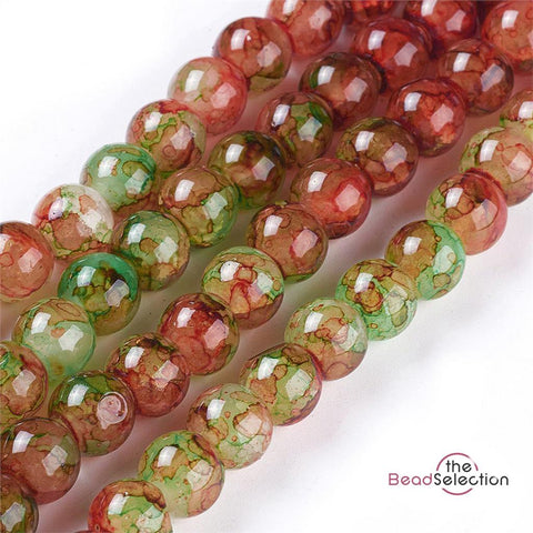 150 CRACKLE MARBLED DRAWBENCH ROUND GLASS BEADS 6mm RED GREEN XMAS CM3
