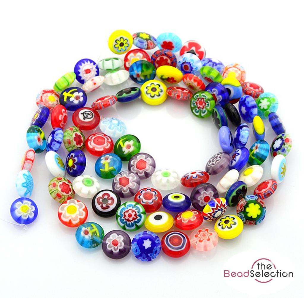 20 FLAT ROUND DISC FLOWER MILLEFIORI GLASS BEADS 10mm jewellery making MIL15