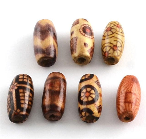 50 per bag 15mm OVAL WOODEN BEADS BOHO PATTERNED MIX 3mm HOLE W27
