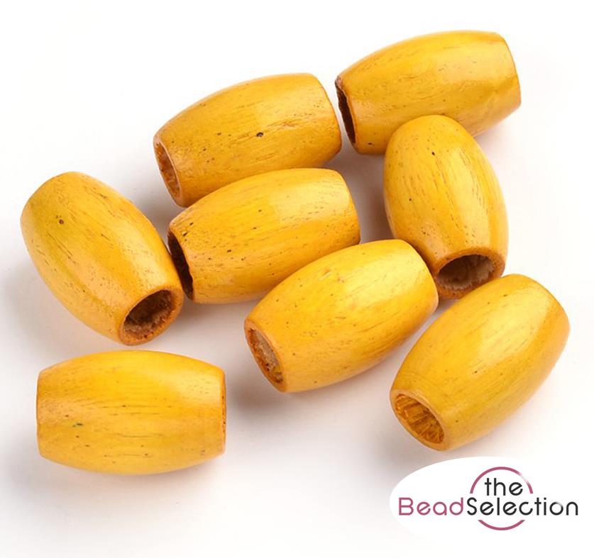 15 LARGE OVAL WOODEN BEADS 30mm x 20mm YELLOW 9mm HOLE W16
