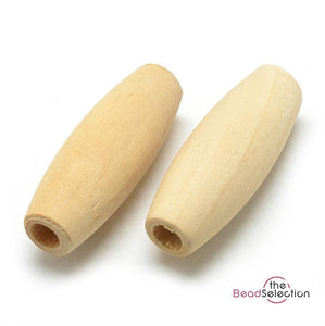 15 LARGE OVAL WOODEN BEADS 32mm x 12mm WHITE / NATURAL 5mm HOLE W3
