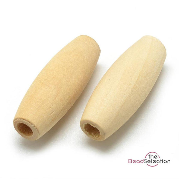 15 LARGE OVAL WOODEN BEADS 32mm x 12mm WHITE / NATURAL 5mm HOLE W3