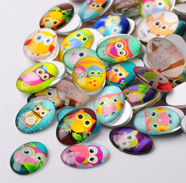 10 OVAL OWL PRINTED CLEAR GLASS DOMED CABOCHONS 25mm X 18mm CAB22