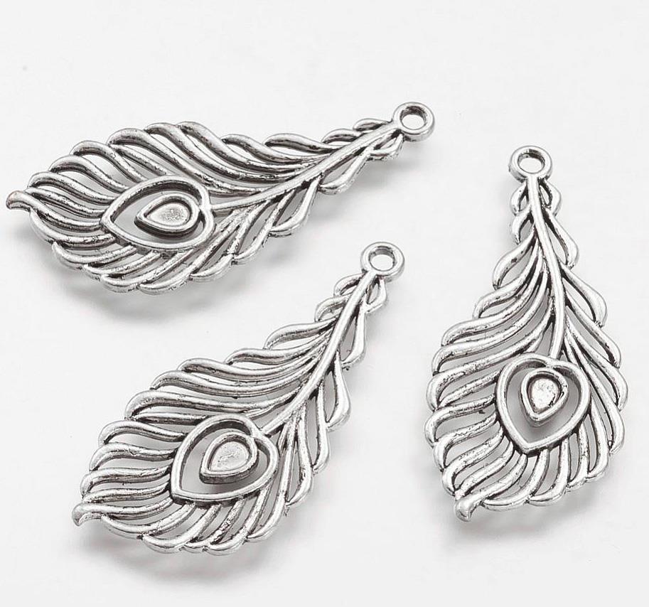 5 PEACOCK FEATHER CHARMS PENDANTS BRIGHT TIBETAN SILVER 40mm C156