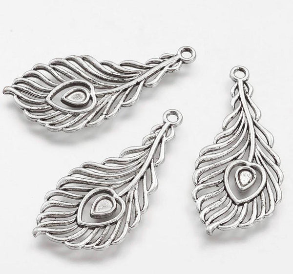 5 PEACOCK FEATHER CHARMS PENDANTS BRIGHT TIBETAN SILVER 40mm C156