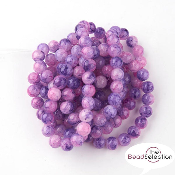 100 CRACKLE MARBLED DRAWBENCH ROUND GLASS BEADS 8mm LILAC PURPLE CM1