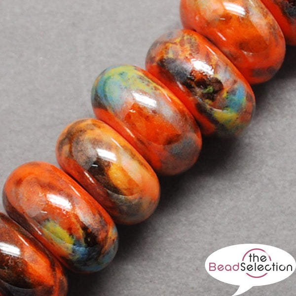 10 PORCELAIN RONDELLE DONUT BEADS 12mm ORANGE AMBER PEARL LARGE HOLE 4mm GLS88