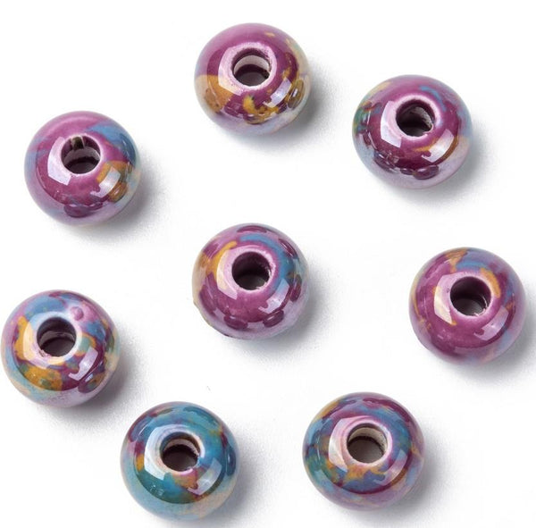 10 PORCELAIN RONDELLE DONUT BEADS 12mm ORCHID PURPLE PEARL LARGE HOLE 4mm GLS81