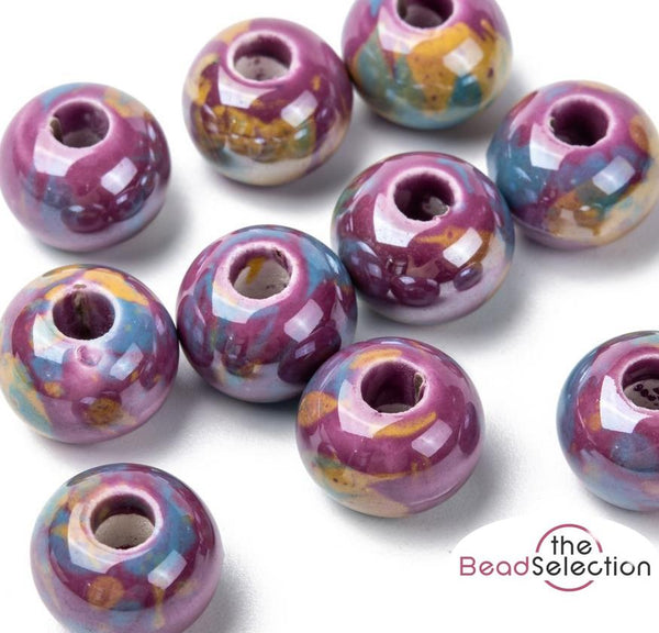 10 PORCELAIN RONDELLE DONUT BEADS 12mm ORCHID PURPLE PEARL LARGE HOLE 4mm GLS81