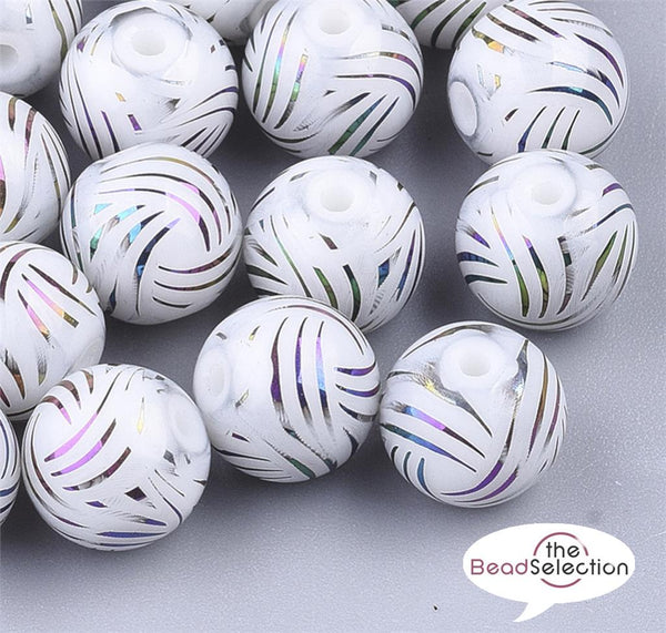 20 RAINBOW 'AB SWIRL STRIPED GLASS ROUND BEADS WHITE 8mm JEWELLERY MAKING GLS110