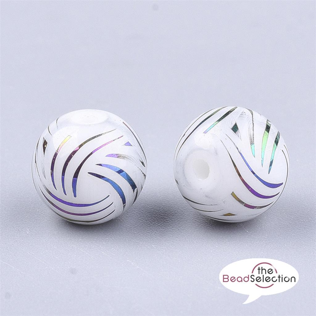 20 RAINBOW 'AB SWIRL STRIPED GLASS ROUND BEADS WHITE 8mm JEWELLERY MAKING GLS110