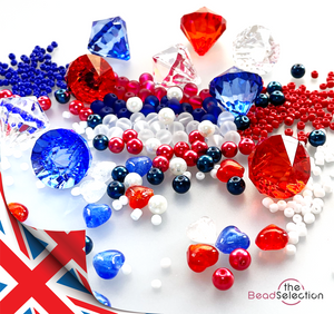 RED WHITE BLUE ACRYLIC GLASS BEADS BICONE ROUND HEART UNION JACK FLAG JEWELLERY