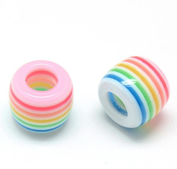 20 STRIPED BARREL RESIN BEADS 11mm LARGE 6mm HOLE PASTEL PINK RAINBOW ACR155