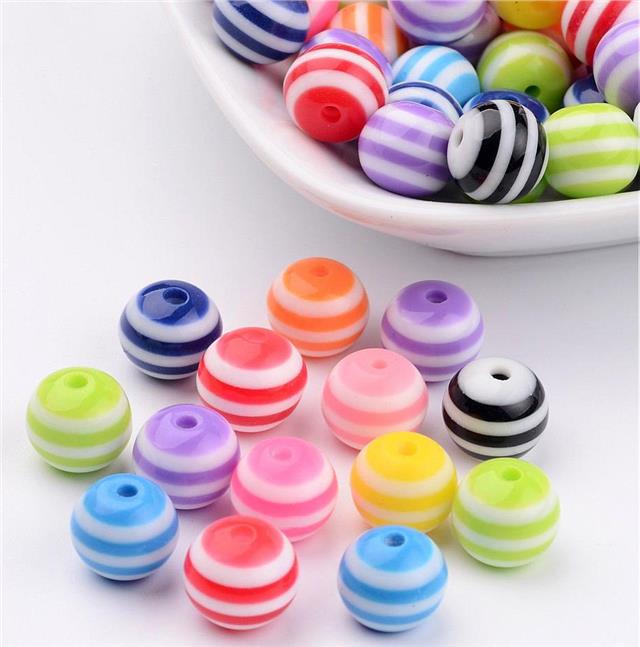 STRIPED ROUND RESIN ACRYLIC BEADS 50 per bag 10mm COLOURFUL RAINBOW MIX ACR20