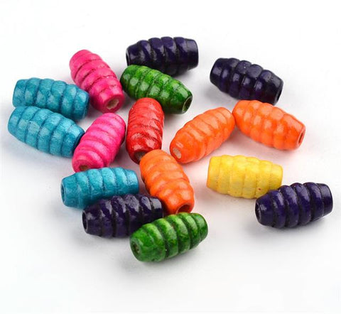 100per bag RIBBED OVAL WOODEN BEADS 15mm X 8mm MIXED COLOURS  W24