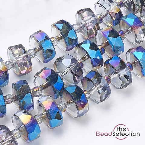 20 FACETED GLASS RONDELLE BEADS 8mm x 5mm BLUE AB RAINBOW DROP PENDANT GLS146
