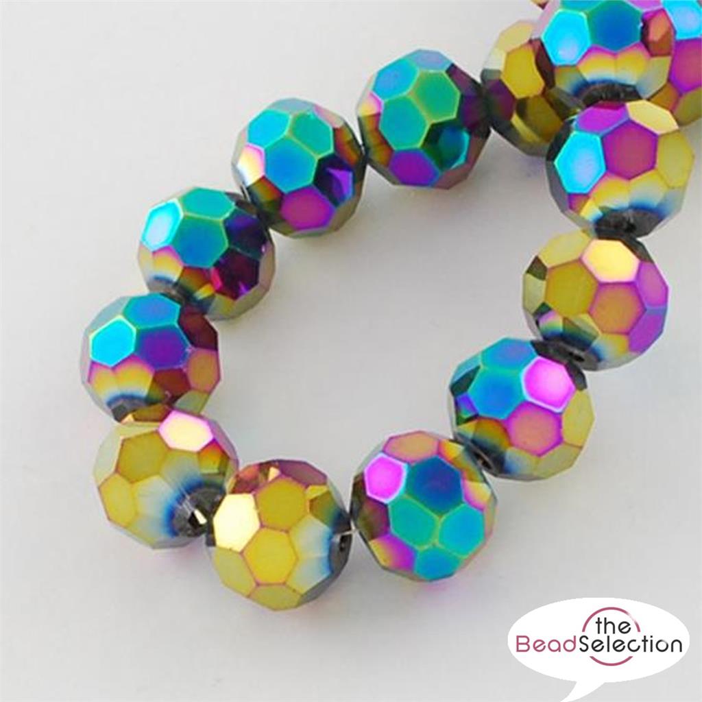 FACETED ROUND CRYSTAL GLASS BEADS 8mm 6mm 4mm METALLIC RAINBOW JEWELLERY MAKING